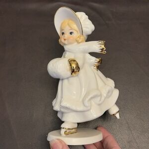 Vintage Ice Skating Girl With Puppy Winter Figurine Home Decor Gold Accents